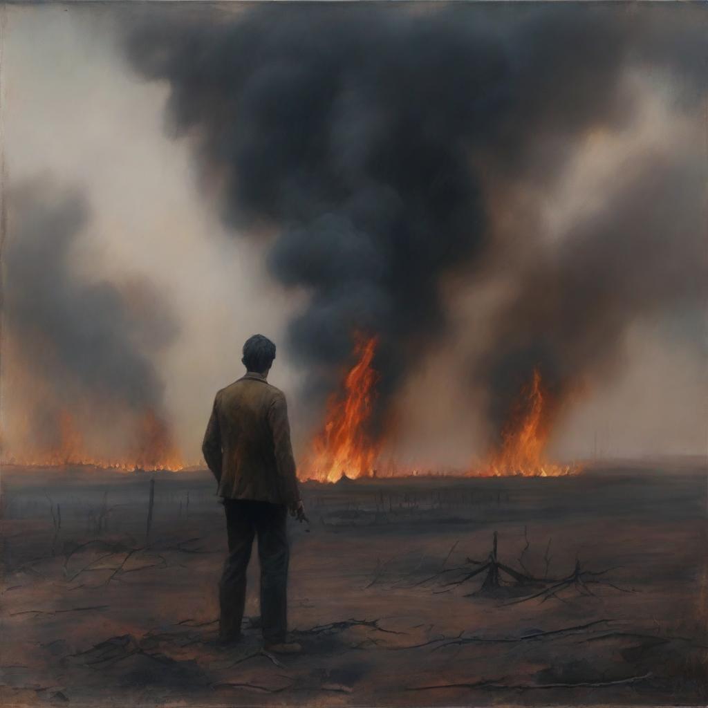 An oil painting of a man standing in a burnt field