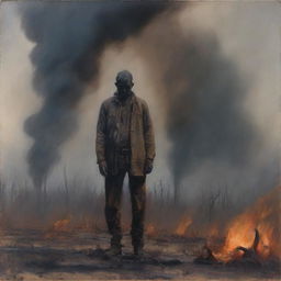 An oil painting of a man standing in a burnt field