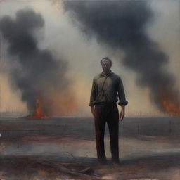 An oil painting of a man standing in a burnt field