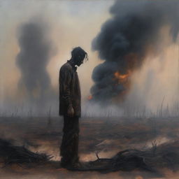 An oil painting of a man standing in a burnt field