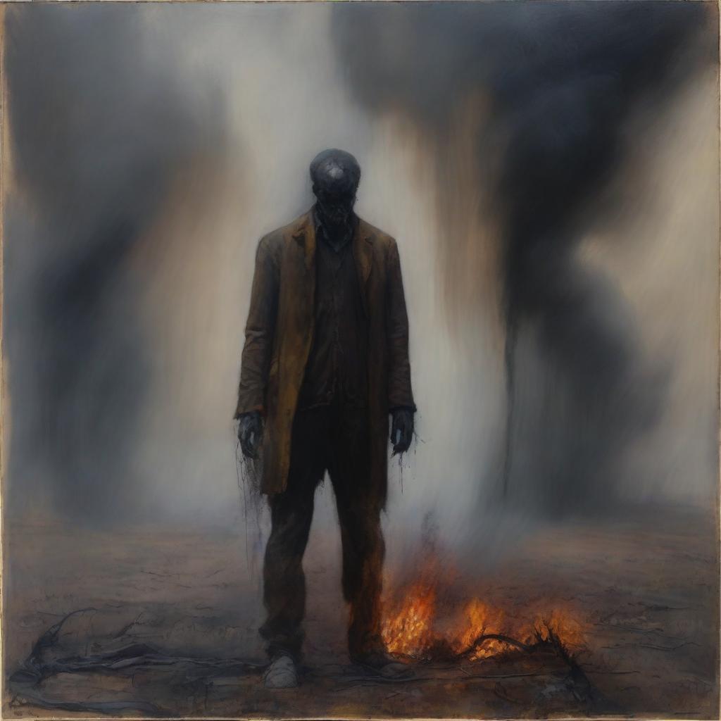 An oil painting of a man standing in a burnt field with steam rising from his body