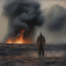 An oil painting of a man standing in a burnt field with steam rising from his body