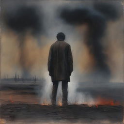 An oil painting of a man standing in a burnt field with steam rising from his body