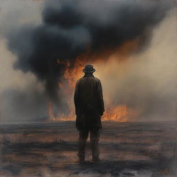 An oil painting of a man standing in a burnt field with steam rising from his body