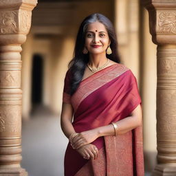 A mature Indian woman wearing a traditional saree