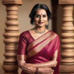 A mature Indian woman wearing a traditional saree