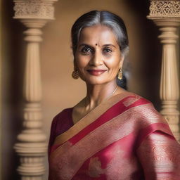 A mature Indian woman wearing a traditional saree