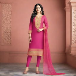 A mature woman wearing a traditional salwar kameez with pink leggings