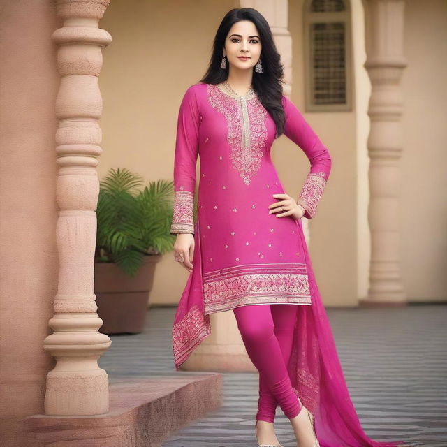 A mature woman wearing a traditional salwar kameez with pink leggings