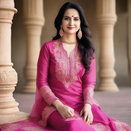 A mature woman wearing a traditional salwar kameez with pink leggings