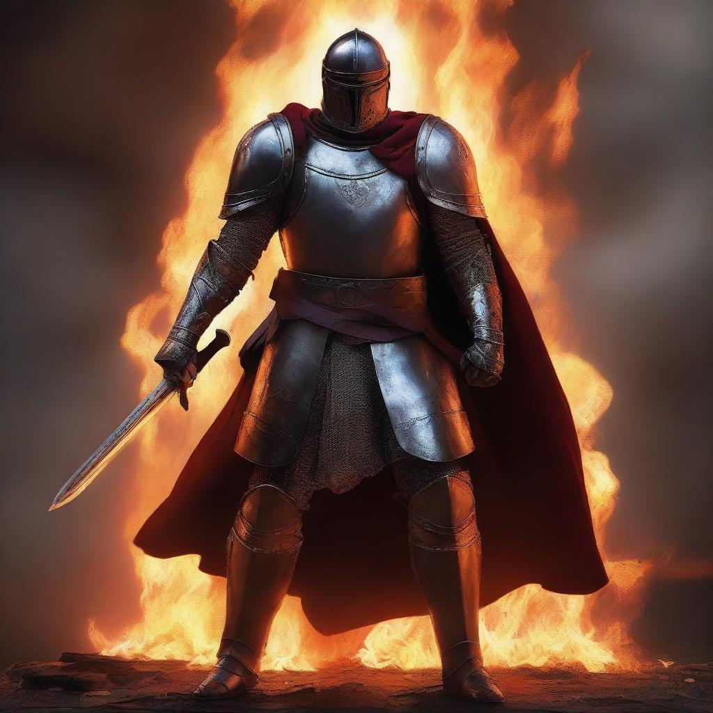 A powerful warrior clad in medieval armor stands resolutely in the center of a blazing circle of fire