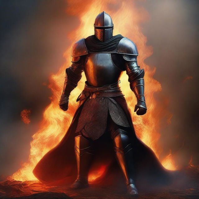 A powerful warrior clad in medieval armor stands resolutely in the center of a blazing circle of fire