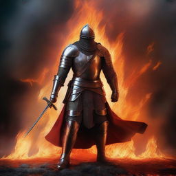 A powerful warrior clad in medieval armor stands resolutely in the center of a blazing circle of fire