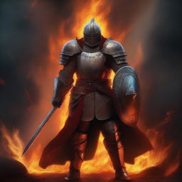 A powerful warrior clad in medieval armor stands resolutely in the center of a blazing circle of fire