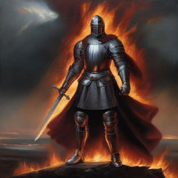 An oil painting of a valiant knight standing in the midst of a ring of fire