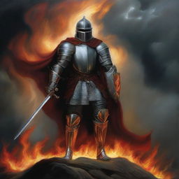 An oil painting of a valiant knight standing in the midst of a ring of fire