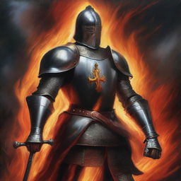 An oil painting of a valiant knight standing in the midst of a ring of fire