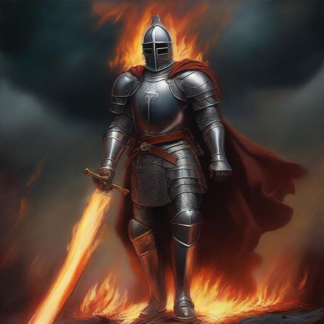 An oil painting of a valiant knight standing in the midst of a ring of fire