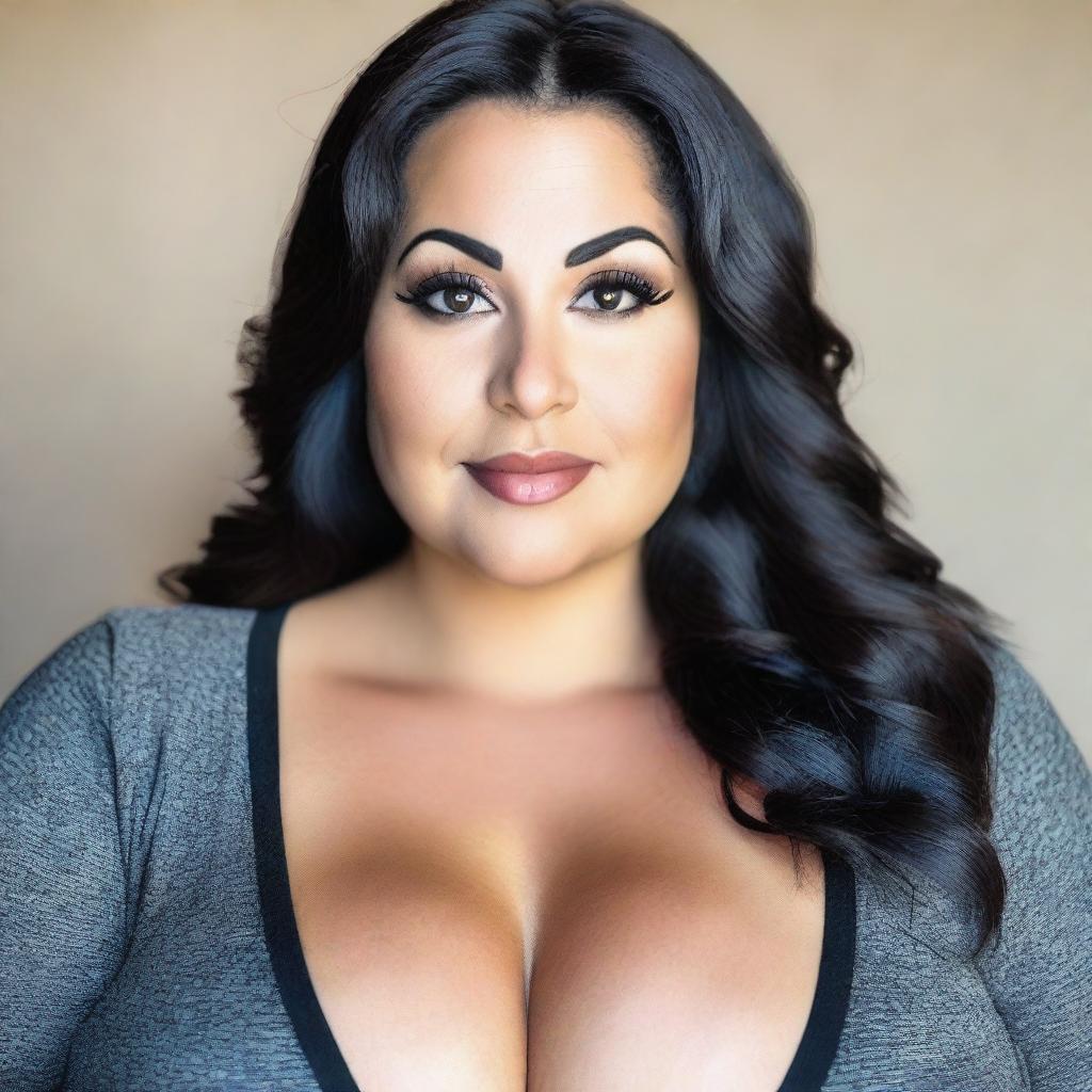 A 35-year-old curvy woman with brown eyes and black hair