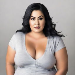 A 35-year-old curvy woman with brown eyes and black hair