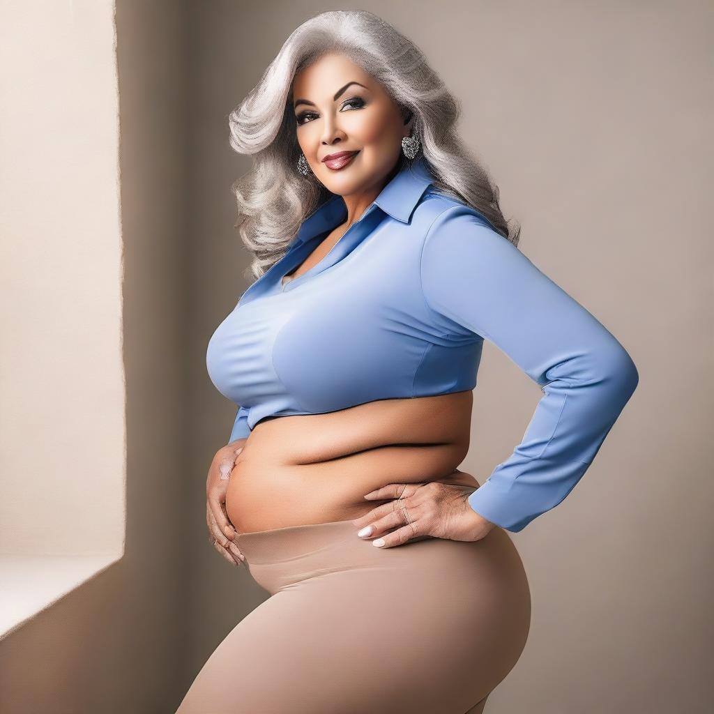 A 60-year-old woman with a curvaceous figure, emphasizing her large buttocks, dressed in a stylish and classy outfit
