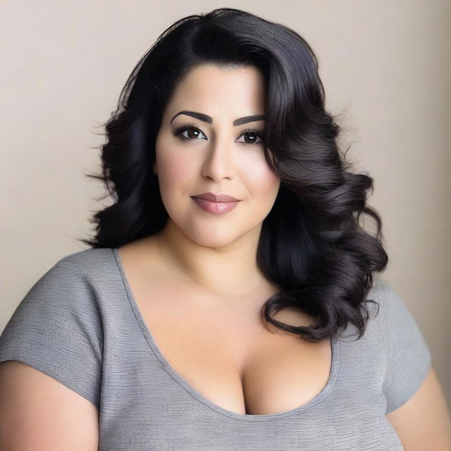 A 35-year-old curvy woman with brown eyes and black hair