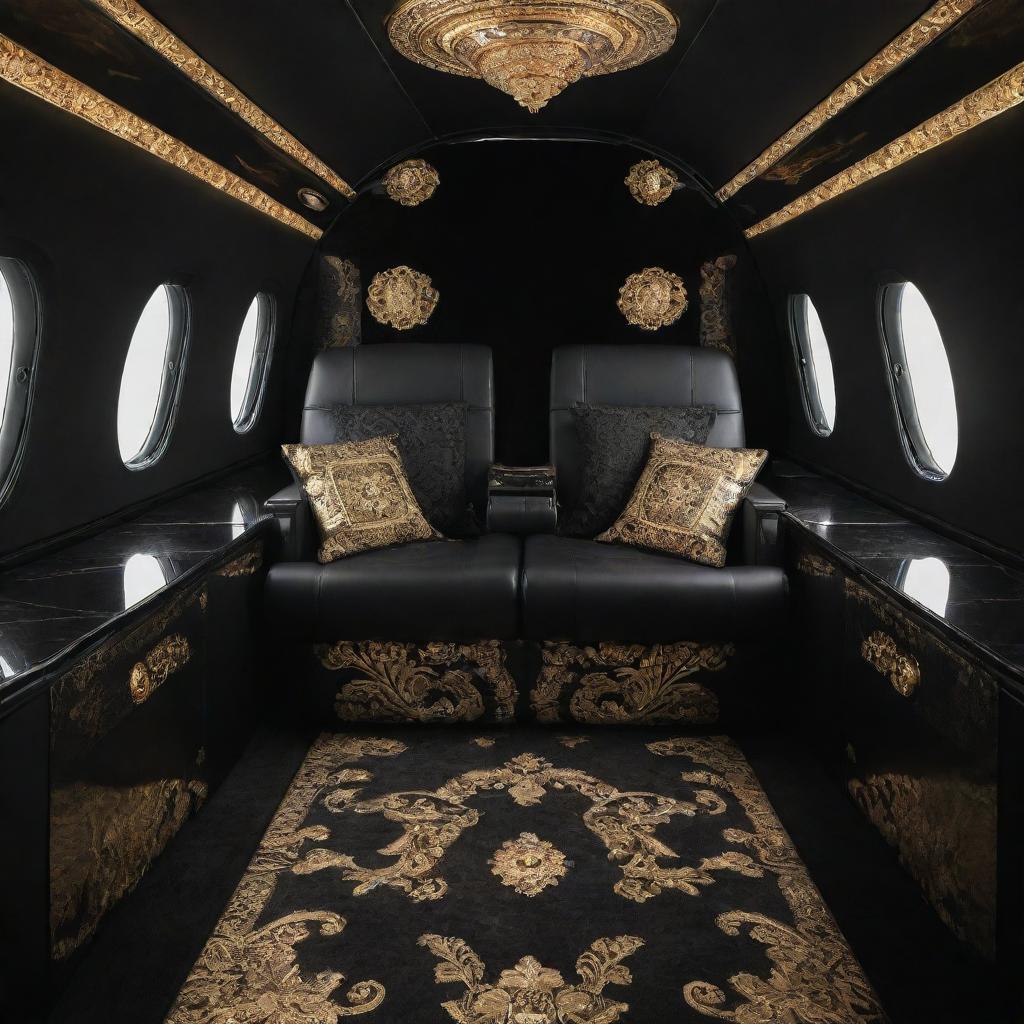 A luxurious private jet stylized in Versace design with intricate Baroque gold patterns against a black background, embodying opulence and Versace's signature style.