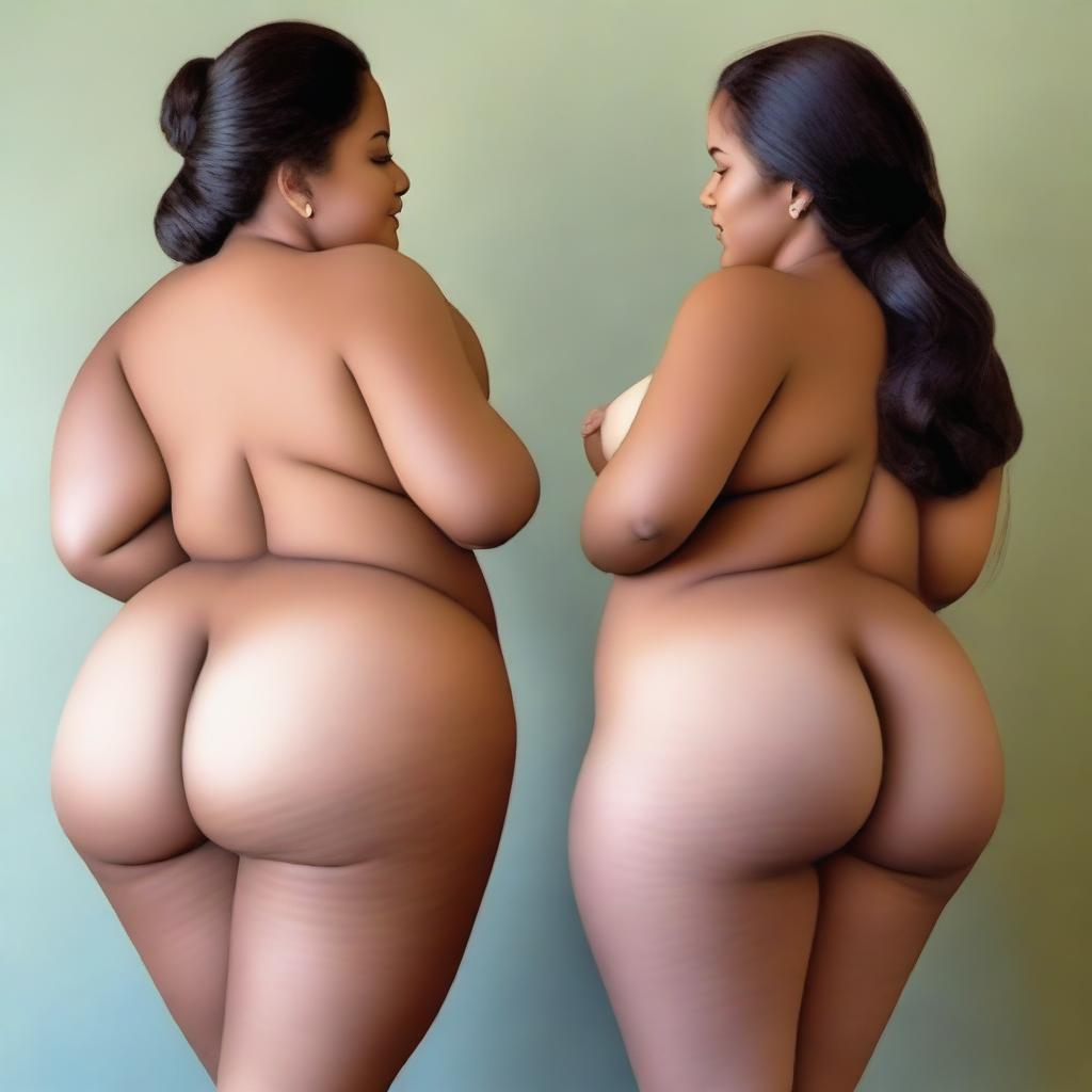 A mother and daughter with voluptuous figures, particularly emphasizing their large buttocks