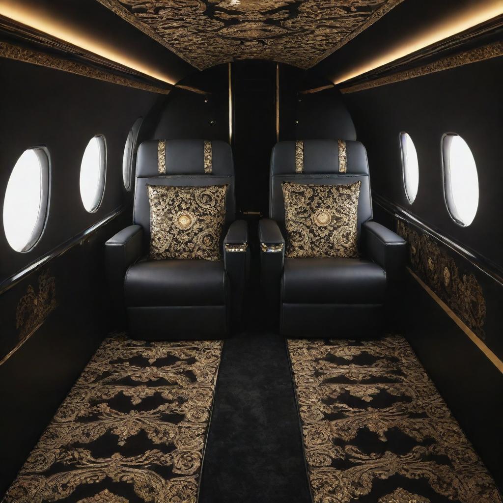 A luxurious private jet stylized in Versace design with intricate Baroque gold patterns against a black background, embodying opulence and Versace's signature style.