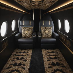 A luxurious private jet stylized in Versace design with intricate Baroque gold patterns against a black background, embodying opulence and Versace's signature style.