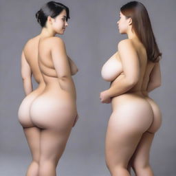 A slender mother and daughter with voluptuous figures, particularly emphasizing their large buttocks