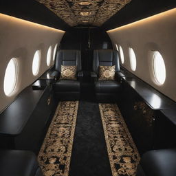 A luxurious private jet stylized in Versace design with intricate Baroque gold patterns against a black background, embodying opulence and Versace's signature style.