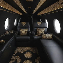 A luxurious private jet stylized in Versace design with intricate Baroque gold patterns against a black background, embodying opulence and Versace's signature style.