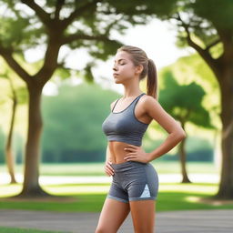 A young girl is wearing yoga shorts, standing in a relaxed pose