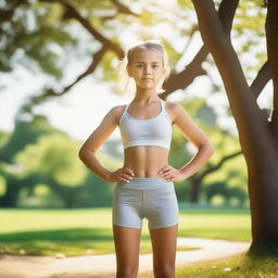 A young girl is wearing yoga shorts, standing in a relaxed pose