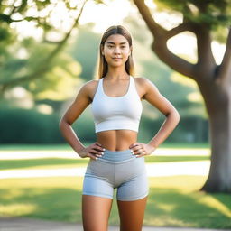 A young girl is wearing yoga shorts, standing in a relaxed pose