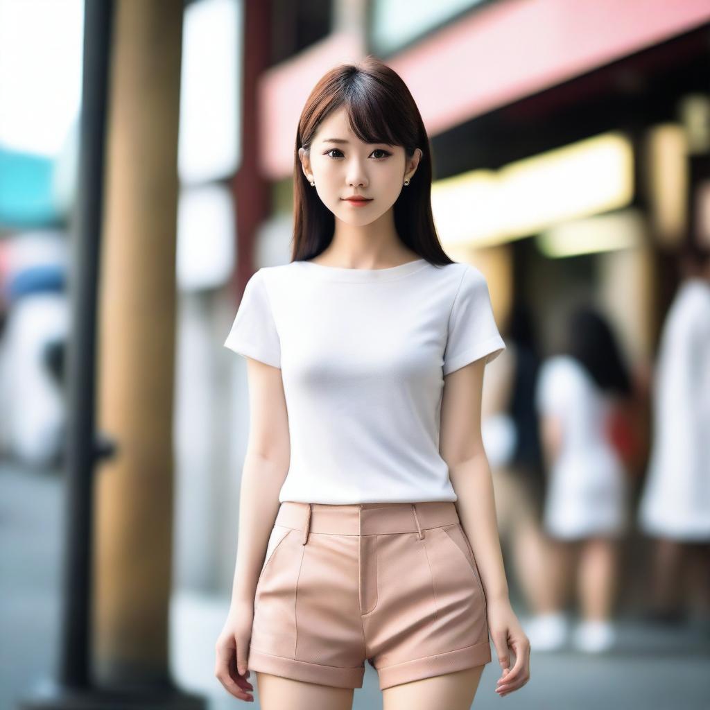 A Japanese girl wearing tight shorts, standing confidently with a stylish background