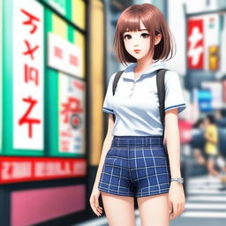 A Japanese girl wearing tight shorts, standing confidently with a stylish background