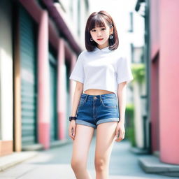 A Japanese girl wearing tight shorts, standing confidently with a stylish background