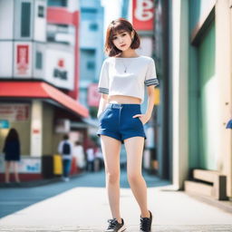 A Japanese girl wearing tight shorts, standing confidently with a stylish background