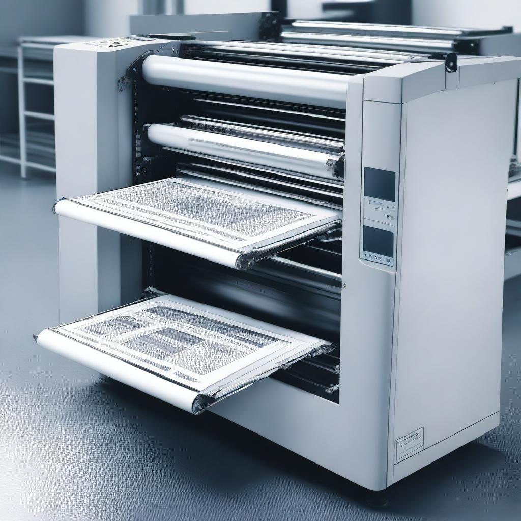 A high-quality, detailed image of a modern printing press in action