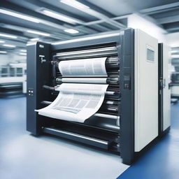 A high-quality, detailed image of a modern printing press in action