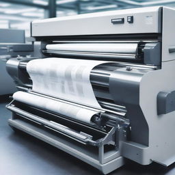 A high-quality, detailed image of a modern printing press in action