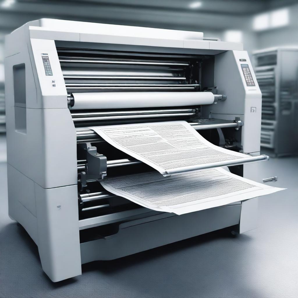 A high-quality, detailed image of a modern printing press in action