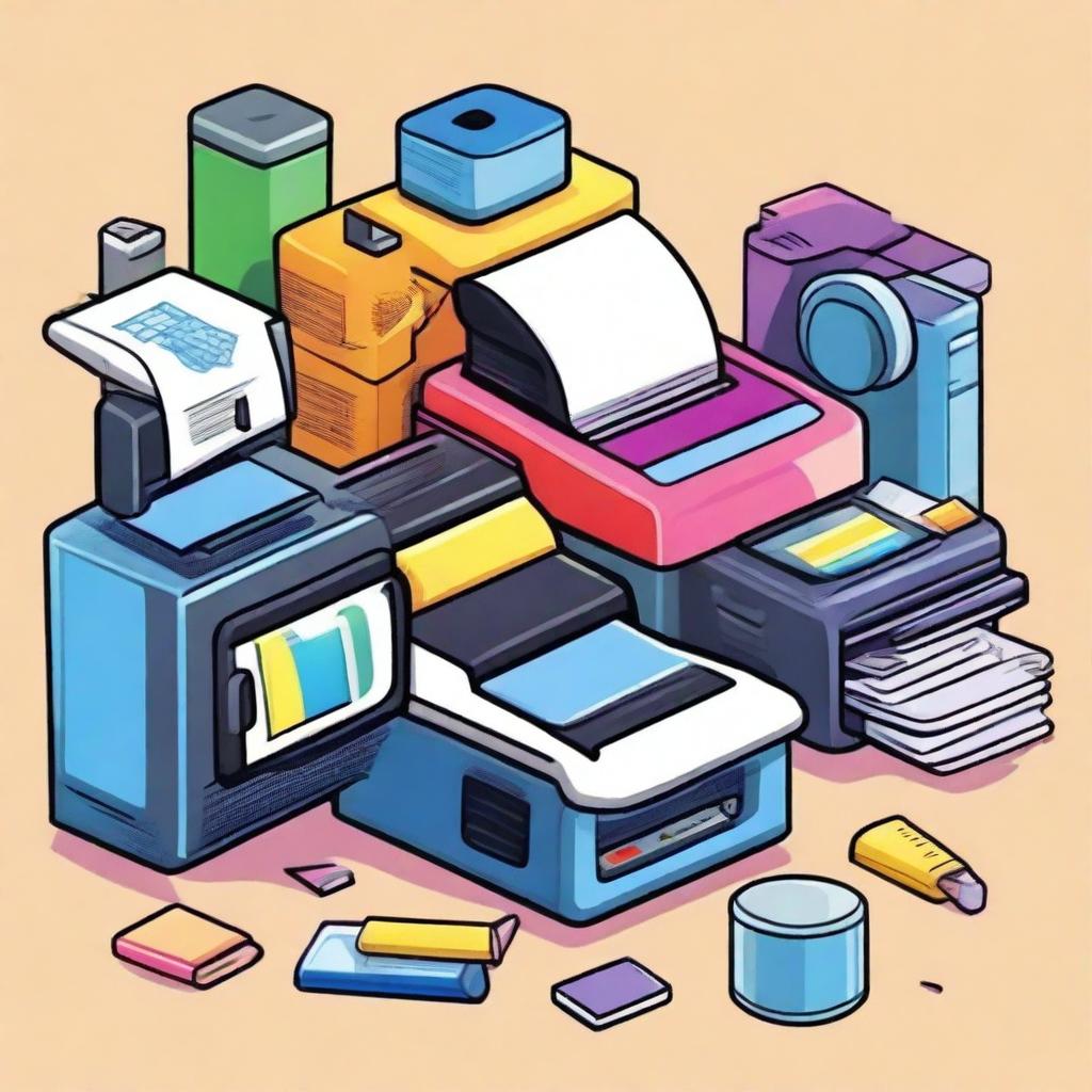 A colorful and fun cartoon illustration of various printing equipment, including a printer, ink cartridges, and paper stacks