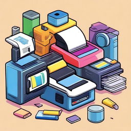 A colorful and fun cartoon illustration of various printing equipment, including a printer, ink cartridges, and paper stacks