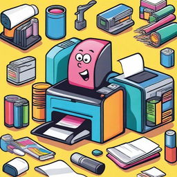 A colorful and fun cartoon illustration of various printing equipment, including a printer, ink cartridges, and paper stacks