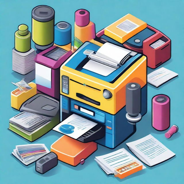 A colorful and fun cartoon illustration of various printing equipment, including a printer, ink cartridges, and paper stacks