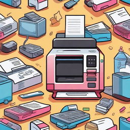 A colorful and fun cartoon illustration of various printing equipment, including a printer, ink cartridges, and paper stacks