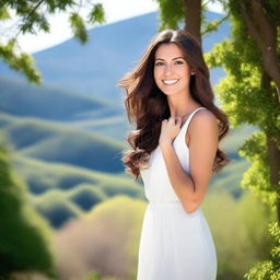 A tall, gorgeous brunette woman standing confidently